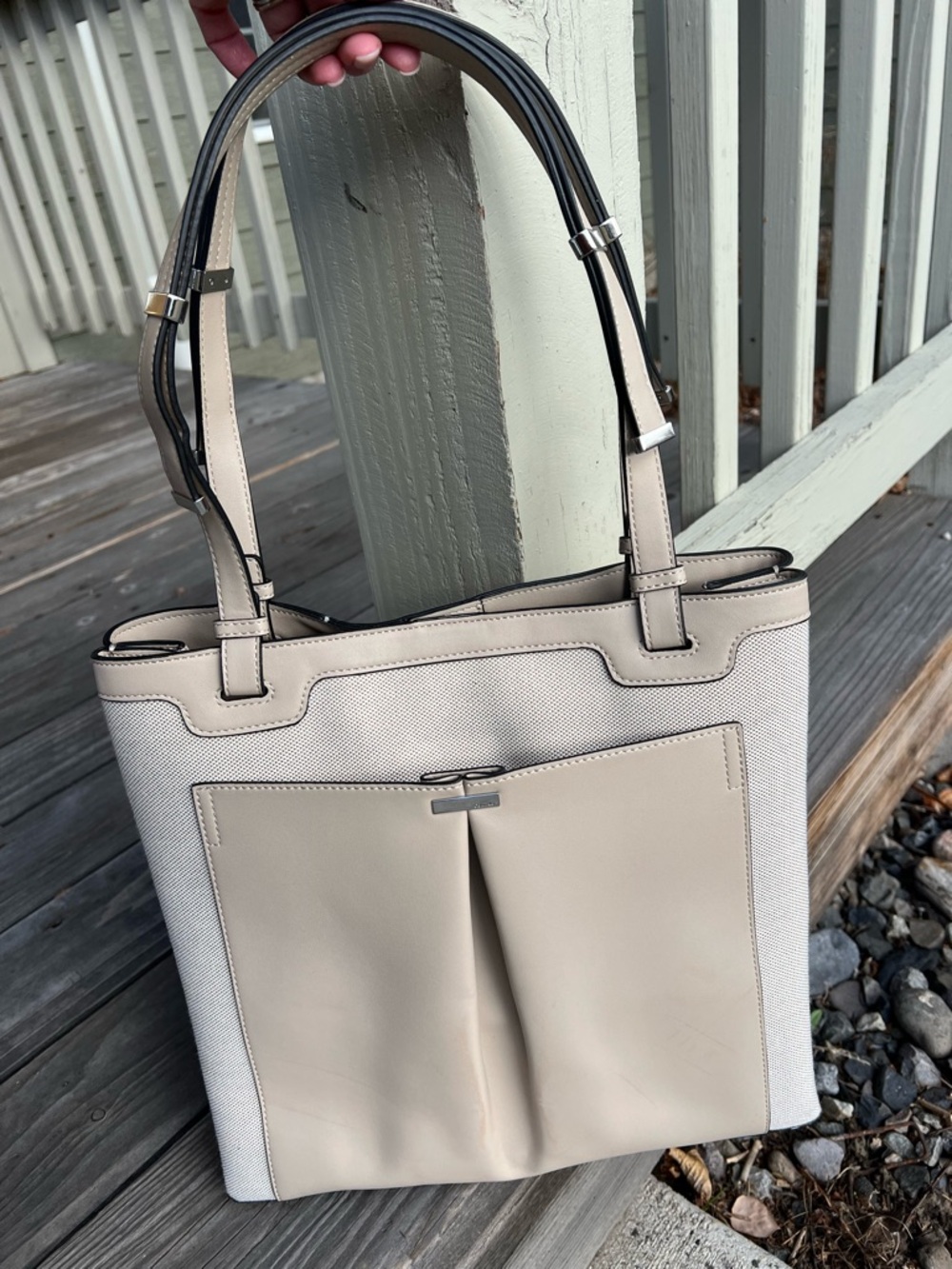 Calvin Klein Beige Canvas & Leather Tote with Dark Trim